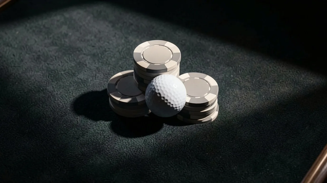 Playing cards on green felt beside stacks of poker chips in atmospheric lighting