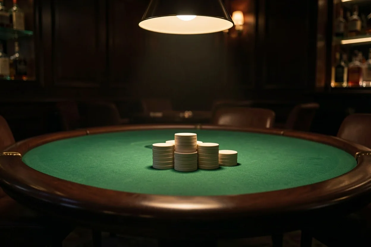 Poker table with green felt and stacks of chips under the lounge lighting